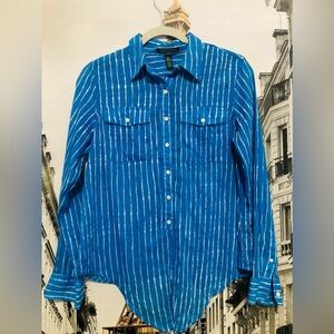 Lauren By: Ralph Lauren Blue/White Striped Collared Button Up Long-sleeve Size M